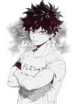  1boy absurdres angry bandaged_arm bandages bangs boku_no_hero_academia closed_mouth collarbone commentary_request crossed_arms freckles frown highres looking_at_viewer male_focus messy_hair midoriya_izuku multicolored_hair shirt short_hair short_sleeves solo suzumetarou toned toned_male translated two-tone_hair upper_body v-shaped_eyebrows 