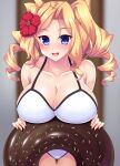  1girl absurdres bare_arms bare_legs bare_shoulders blonde_hair blue_eyes blush breasts cleavage collarbone cowboy_shot drill_hair flower hair_flower hair_ornament highres honolulu_(kancolle) innertube kantai_collection large_breasts long_hair one-piece_swimsuit open_mouth red_flower ruin_re_birth smile solo swimsuit twin_drills twintails white_swimsuit 