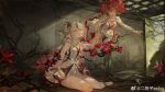  2girls asymmetrical_clothes black_eyes black_flower blake_bloom_(wuthering_waves) breasts camellya_(wuthering_waves) chinese_commentary collar commentary dual_persona earrings ergouzi_echo flower flower_on_chest gold_earrings hair_between_eyes hair_flower hair_ornament hair_vines highres jewelry looking_at_another multiple_girls official_alternate_eye_color official_alternate_hair_color open_mouth pants parted_lips red_eyes red_hair red_pupils short_hair sideless_dress single_pantsleg sitting small_breasts smile tacet_mark_(wuthering_waves) weibo_logo weibo_watermark white_collar white_hair white_pants wuthering_waves 