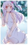  1girl ahoge blurry blurry_background blush breasts dress hair_bobbles hair_ornament highres long_hair looking_at_viewer one_side_up open_mouth red_eyes shinki_(touhou) silver_hair sleeve solo touhou touhou_(pc-98) tree_shade white_dress zeroko-san_(nuclear_f) 