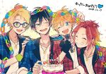  4boys akehoshi_subaru black_hair blonde_hair blue_eyes cake closed_eyes ensemble_stars! food green_eyes grin hidaka_hokuto highres isara_mao jacket male_focus mitobinyo multiple_boys one_eye_closed orange_hair plaid plaid_jacket short_hair smile trickstar_(ensemble_stars!) yuuki_makoto_(ensemble_stars!) 