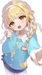  1girl :3 black_skirt blonde_hair blue_shirt blurry blurry_foreground blush braid cowboy_shot fujita_kotone gakuen_idolmaster hair_over_shoulder hair_ribbon hairband head_tilt highres idolmaster kindergarten_uniform long_hair long_sleeves looking_at_viewer monemasu name_tag open_mouth pantyhose pointing pointing_at_viewer ribbon shirt simple_background skirt smile smug solo twin_braids white_background white_pantyhose white_ribbon yellow_eyes 
