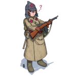  1girl ? absurdres backpack bag bangs boots brown_eyes brown_gloves brown_hair budenovka closed_mouth coat fedorov_avtomat full_body gloves green_coat green_footwear grey_headwear gun hair_between_eyes hammer_and_sickle hat highres holding holding_gun holding_weapon long_sleeves looking_at_object medium_hair military military_coat military_hat military_uniform original ostwindprojekt shadow shovel simple_background solo soviet soviet_army uniform wavy_hair weapon white_background 