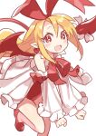  1girl blonde_hair demon_girl demon_tail disgaea earrings flonne flonne_(fallen_angel) highres jewelry kanyoko_(yuzukano_17) long_hair looking_at_viewer makai_senki_disgaea open_mouth pointy_ears red_eyes ribbon simple_background smile solo tail white_background wings 