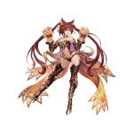  1girl :d animal_ears armor bangs bare_shoulders bikini_armor bow breasts cerberus_(shingeki_no_bahamut) cleavage collarbone dog_ears fang full_body granblue_fantasy groin hair_between_eyes hand_puppet high_heels jewelry long_hair medium_breasts minaba_hideo navel neck_ring official_art open_mouth orange_eyes panties puppet purple_bow red_armor red_hair red_legwear red_panties shingeki_no_bahamut smile solo thighhighs transparent_background twintails underwear v-shaped_eyebrows 