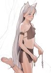  1girl absurdres animal_ears anklet barefoot blue_eyes blush closed_mouth commentary commission english_commentary flat_chest grey_hair highres holding jewelry loincloth long_hair looking_at_viewer luimiart midriff navel original pelvic_curtain rags simple_background soles solo standing standing_on_one_leg tribal very_long_hair white_background wolf_ears 