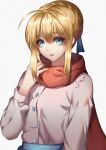  1girl absurdres adjusting_scarf ahoge alternate_costume artoria_pendragon_(fate) blonde_hair blue_ribbon braid casual cowboy_shot fate/grand_order fate/stay_night fate_(series) french_braid green_eyes hair_between_eyes henz highres looking_at_viewer open_mouth ribbon saber scarf sidelocks solo white_background 
