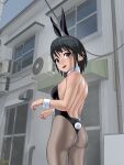  1girl air_conditioner animal_ears ass awning bangs bare_back bare_shoulders black_hair black_leotard blush bob_cut breasts brown_eyes building commentary_request cowboy_shot detached_collar door ductwork fake_animal_ears fake_tail from_behind from_below grey_legwear hands_up herikutsu_ryuutsuu_center highres leotard looking_at_viewer looking_back medium_breasts open_mouth original outdoors pantyhose pipes playboy_bunny rabbit_ears rabbit_tail raised_eyebrows short_hair solo strapless strapless_leotard tail teeth upper_teeth window wrist_cuffs 