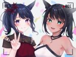  2girls absurdres animal_ears aqua_eyes avatar_(ffxiv) bad_id bad_pixiv_id bangs bare_shoulders blue_hair blush breasts cat_ears cleavage eyebrows_visible_through_hair final_fantasy final_fantasy_xiv flower hair_flower hair_ornament hand_up highres jewelry large_breasts looking_at_viewer miqo&#039;te multiple_girls necklace parted_lips ponytail purple_eyes short_sleeves sleeveless smile soybean_(hisoybean) strapless upper_body v viewfinder 