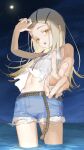  1girl arm_up bare_shoulders belt blonde_hair blue_shorts blush brown_belt cowboy_shot cutoffs denim denim_shorts forehead foreshortening full_moon fur-trimmed_shorts fur_trim gakuen_idolmaster hair_ornament hairclip head_tilt highres idolmaster long_hair looking_at_viewer midriff monemasu moon moonlight navel neck_ribbon night night_sky ocean open_mouth orange_eyes outdoors partially_submerged ribbon rope shinosawa_hiro shirt short_shorts shorts sky sleeveless sleeveless_shirt smile solo standing star_(sky) starry_sky v wading water white_shirt 
