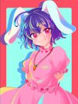  1girl animal_ears arms_behind_back bangs black_hair blue_background breasts carrot_necklace closed_mouth dress eyebrows_visible_through_hair hair_between_eyes highres inaba_tewi looking_at_viewer medium_breasts multicolored_background oataruu pink_dress puffy_short_sleeves puffy_sleeves rabbit_ears red_background red_eyes shadow short_hair short_sleeves smile solo touhou 