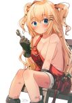  1girl akai_haato bangs black_gloves blonde_hair blue_eyes blush breasts closed_mouth commentary_request eyebrows_visible_through_hair feet_out_of_frame gloves hair_between_eyes hair_ornament hairclip heart heart_hair_ornament highres holding holding_wrench hololive large_breasts long_hair looking_at_viewer magowasabi naked_overalls on_chair overall_shorts overalls red_overalls signature simple_background sitting solo tool_belt twitter_username two_side_up very_long_hair virtual_youtuber white_background wooden_chair wrench x_hair_ornament 