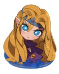  1girl blonde_hair blush collared_shirt head_tilt headband highres long_hair looking_at_viewer onionsketch pointy_ears portrait princess_zelda purple_shirt shirt solo the_legend_of_zelda the_legend_of_zelda_(cartoon) v-shaped_eyebrows white_background 