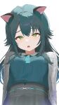  1girl animal_ears aqua_shirt belt black_skirt blue_shirt blush breasts cat_ears cat_girl collared_shirt fang gakuen_idolmaster green_eyes green_hair green_shirt grey_jacket grey_skirt hair_between_eyes half-closed_eyes high-waist_skirt highres idolmaster jacket long_hair long_sleeves looking_at_viewer looking_up medium_breasts monemasu open_clothes open_jacket open_mouth shirt simple_background skirt solo striped_clothes striped_jacket tsukimura_temari upper_body white_background white_jacket 