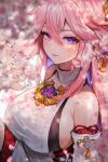  1girl bare_shoulders blurry breasts brooch cherry_blossoms depth_of_field detached_sleeves earrings floppy_ears genshin_impact highres japanese_clothes jewelry kimono large_breasts long_hair looking_at_viewer miko nicccolee parted_lips pink_hair pink_theme purple_eyes sideboob smile solo upper_body wet white_kimono yae_(genshin_impact) 