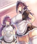 2girls :o ahoge apron bangs blue_eyes blush breasts closed_mouth collar commentary_request dress frills glasses hair_over_one_eye hands_on_hips holding large_breasts long_hair looking_at_viewer maid maid_apron maid_headdress multiple_girls open_mouth original panties pink_panties pokoten_(pokoten718) purple_eyes purple_hair short_dress short_sleeves standing thigh_strap thighhighs tray twintails underwear white_legwear wristband 