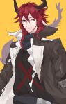  1boy arknights bangs black_jacket chunta hair_between_eyes highres hood horns infection_monitor_(arknights) jacket long_hair male_focus open_clothes open_jacket parted_lips red_eyes red_hair sesa_(arknights) simple_background solo upper_body yellow_background 