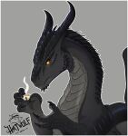 2024 5_fingers absurd_res amber_eyes angry artist_logo beverage black_body black_claws black_scales border claws coffee coffee_cup coffee_mug colored container cup dated digital_drawing_(artwork) digital_media_(artwork) dragon european_mythology feral finger_claws fingers frown grey_background grey_body grey_scales hatwolf headshot_portrait hi_res horn humor logo looking_down male mythological_creature mythological_scalie mythology portrait reptile scales scalie shaded signature simple_background solo spikes spikes_(anatomy) steam tarkustralszar_(character) western_dragon white_border