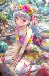  1girl :i ball bangs bare_shoulders beach beach_chair beach_house beachball between_legs bikini blue_flower blush bracelet bucket closed_mouth collarbone commentary_request day earrings eyebrows_visible_through_hair fate/grand_order fate_(series) flower flower_earrings frilled_skirt frills gradient_skirt hair_between_eyes halter_top halterneck hand_between_legs head_wreath hibiscus highres jewelry kama_(fate) kama_(swimsuit_avenger)_(fate) looking_at_viewer miniskirt outdoors palm_tree pleated_skirt pout purple_flower red_eyes rock sand sandals sandals_removed seashell shell short_hair silver_hair sitting skirt solo starfish swimsuit thighhighs torino_akua tree trowel v_arms wariza water white_flower white_legwear yellow_flower 
