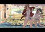  2girls :d :o absurdres ass_visible_through_thighs black_hair blonde_hair bottomless breasts charlotte_e._yeager cleavage closed_eyes dancing fang francesca_lucchini ground_vehicle height_difference highres jacket long_hair military military_vehicle motor_vehicle multiple_girls open_mouth panties pondo_(peng-model) semovente_75/18 shirt smile strike_witches striped striped_panties tank tankette thick_thighs thighs twintails underwear wide_hips world_witches_series 