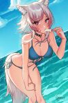  1girl animal_ear_fluff animal_ears avatar_(ffxiv) bent_over bikini black_choker blue_bikini blue_sky blush breasts bright_pupils cat_ears choker commission cozyu day dutch_angle facial_mark final_fantasy final_fantasy_xiv food front-tie_bikini front-tie_top hand_on_own_knee highres holding horizon large_breasts looking_at_viewer medium_hair miqo&#039;te ocean outdoors pink_hair popsicle red_eyes side-tie_bikini sky solo string_bikini swimsuit tail whisker_markings white_pupils 