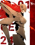  1girl armor armored_core armored_core_6 artist_logo character_name commentary company_connection elden_ring english_commentary from_side fusion gold_armor helmet highres ibis-series_cel-240 joints koyorin limited_palette lips logo long_hair malenia_blade_of_miquella profile red_hair robot_joints solo upper_body visor_(armor) wavy_hair white_background 
