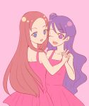  2girls :d ;d ageha_mia back bare_shoulders blue_eyes blush collarbone commentary_request dress eyebrows_visible_through_hair forehead hair_bun happy holding_hands hye_in interlocked_fingers isumi_nekorin large_forehead long_hair looking_at_viewer matching_outfit multiple_girls one_eye_closed open_mouth pink_background pretty_(series) pretty_rhythm pretty_rhythm_dear_my_future purple_eyes purple_hair red_dress simple_background smile standing very_long_hair yuri 