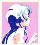  1990s_(style) 1girl bangs blue_eyes blue_hair blush breasts framed_image fujiwara_aya limited_palette long_hair nipples nude official_art portrait profile retro_artstyle solo super_real_mahjong upper_body 
