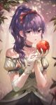  1girl :o absurdres apple asahina_mafuyu bangs bare_shoulders bow choker collarbone commentary_request dress eyebrows_visible_through_hair food fruit hair_ribbon hands_up highres holding holding_food holding_fruit long_hair looking_at_viewer open_mouth ponytail project_sekai puffy_short_sleeves puffy_sleeves purple_eyes purple_hair red_apple red_bow red_ribbon ribbon short_sleeves solo tokkyu white_bow 