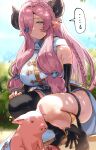  1girl absurdres animal_ears black_footwear black_gloves black_horns boots braid breasts commentary_request draph gloves granblue_fantasy hair_over_one_eye highres horns large_breasts leg_garter long_hair looking_at_viewer narmaya_(granblue_fantasy) oh_(aung_ae) pig pink_hair pointy_ears single_thighhigh solo squatting sweatdrop thighhighs thighs 