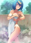  1girl bangs bath blue_hair breasts closed_mouth collarbone covering ero_kaeru eyebrows_behind_hair freckles hair_ornament highres lana&#039;s_mother_(pokemon) looking_at_viewer low_ponytail mature_female medium_breasts medium_hair nipples no_sclera nude_cover onsen outdoors pokemon pokemon_(anime) pokemon_sm_(anime) smile solo standing steam swept_bangs towel tree water water_spring wet 