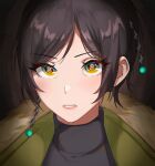  1girl absurdres black_sweater brown_hair commentary commission cozyu english_commentary eye_focus green_jacket harukyi_(vtuber) highres indie_virtual_youtuber jacket looking_at_viewer multicolored_eyes parted_lips portrait short_hair solo sweater turtleneck turtleneck_sweater yellow_eyes 