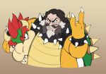  1boy :d armlet beard black_eyes black_hair bowser bowser_(cosplay) bracelet brown_background collar cosplay costume crazy_eyes dare_(daredemon7000) facial_hair grin highres jack_black jewelry looking_at_viewer male_focus mario_(series) mustache open_mouth real_life short_hair simple_background sketch smile solo spiked_armlet spiked_bracelet spiked_collar spikes super_mario_bros._(2022_film) upper_body v-shaped_eyebrows voice_actor_connection 