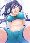  1girl ;o blue_eyes blue_hair blue_shorts breasts cameltoe cowboy_shot from_below high_ponytail highres kirisaki_reina large_breasts long_hair looking_at_viewer love_live! love_live!_sunshine!! matsuura_kanan midriff navel one_eye_closed open_mouth ponytail shorts solo spread_legs strapless sweat tube_top 