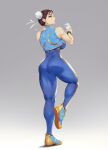  1girl ass blueorca bodysuit bracelet breasts brown_eyes brown_hair bun_cover chun-li coffee_cup cup disposable_cup double_bun highres jewelry large_breasts muscular muscular_female shoes solo street_fighter street_fighter_zero_(series) striped thick_thighs thighs 