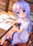  1girl blue_eyes blue_hair blue_necktie blush book bookshelf brown_footwear chair chinomaron eyebrows_visible_through_hair gochuumon_wa_usagi_desu_ka? hair_between_eyes hair_ornament highres holding holding_pen kafuu_chino kafuu_chino&#039;s_school_uniform kneehighs long_hair looking_at_viewer necktie open_mouth pen pencil_case puffy_short_sleeves puffy_sleeves school_uniform shoes short_sleeves sitting skirt solo white_legwear white_skirt x_hair_ornament 