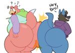 anthro ass_to_ass beard big_butt blue_body bottomless brown_hair bubble_butt butt butt_bump butt_squish clothed clothing cole_(colelucario) colelucario duo facial_hair generation_1_pokemon generation_4_pokemon hair hi_res hoodie huge_butt lucario male male/male nintendo overweight overweight_anthro overweight_male pink_body pokemon pokemon_(species) question_mark rear_view simple_background slowbro slowbro_(debudraws) squish thick_thighs topwear white_background