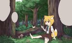  1girl :3 animal_ears asymmetrical_hair bangs barefoot belt black_belt black_necktie blank_speech_bubble blonde_hair breasts brown_eyes brown_skirt brown_vest bush collared_shirt commentary_request cookie_(touhou) day eyebrows_visible_through_hair fallen_tree feet flower forest fox_ears fox_girl fox_tail full_body grass looking_to_the_side medium_hair miramikaru_riran moss mushroom nature necktie omelet open_mouth outdoors pink_flower plant shirt short_sleeves sidelocks sitting skirt small_breasts soles solo speech_bubble tail tamagoyaki tree twig vest white_shirt yan_pai 