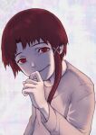  1girl asymmetrical_hair brown_hair commentary dorothy_xi hair_ornament hairclip highres iwakura_lain looking_at_viewer red_eyes serial_experiments_lain shirt short_hair smile solo x_hair_ornament 