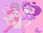  2girls alternate_costume aubrey_(faraway)_(omori) aubrey_(omori) baseball_bat blue_bow blue_eyes blush boots bow closed_mouth crop_top elbow_gloves forest_bunny_(omori) gloves hair_bow high_heel_boots high_heels highres holding holding_baseball_bat knee_boots long_hair looking_at_viewer mari_(headspace)_(omori) mari_(omori) mewo mewowem_omo multiple_girls navel omori one_eye_closed open_mouth pink_footwear pink_hair pink_skirt pleated_skirt puffy_short_sleeves puffy_sleeves purple_eyes purple_footwear purple_hair short_sleeves skirt smile thighhighs white_gloves white_thighhighs 