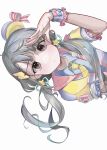  1girl asymmetrical_bangs blue_shirt blush bow braid braided_bangs closed_mouth collared_shirt dot_nose frilled_sleeves frills grey_hair hair_ornament hair_ribbon hat highres hisakawa_nagi idol idol_clothes idolmaster idolmaster_cinderella_girls jacket long_hair looking_at_viewer low_twintails mini_hat monemasu multicolored_clothes multicolored_jacket necktie ribbon shading_eyes shirt short_sleeves sideways simple_background solo star_(symbol) star_hair_ornament twintails two-tone_jacket upper_body white_background wrist_cuffs yellow_necktie 
