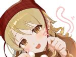  1girl animal_hat blush brown_eyes brown_sweater cat_hat earrings hands_up hat head_tilt highres idolmaster idolmaster_cinderella_girls jewelry light_brown_hair long_sleeves looking_at_viewer monemasu morikubo_nono motion_lines open_mouth paw_pose pom_pom_(clothes) simple_background smile solo stud_earrings sweater tail tail_wagging upper_body whiskers white_background 