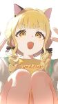  1girl :3 :d animal_ears black_bow black_ribbon blonde_hair bow braid cat_ears clothes_writing double_v fang feet_out_of_frame fujita_kotone gakuen_idolmaster hair_bow hair_over_shoulder highres idolmaster jacket knees_up long_hair looking_at_viewer low_twin_braids monemasu open_clothes open_jacket open_mouth ribbon shirt sidelocks simple_background smile solo twin_braids v v-shaped_eyebrows white_background white_jacket yellow_eyes yellow_shirt 