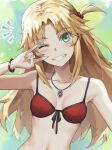  1girl bad_id bad_twitter_id bangs bare_shoulders bikini blonde_hair braid breasts collarbone fate/grand_order fate_(series) french_braid green_eyes grin hair_ornament hair_scrunchie highres jewelry long_hair looking_at_viewer mordred_(fate) mordred_(swimsuit_rider)_(fate) necklace one_eye_closed one_side_up parted_bangs ponytail red_bikini scrunchie sidelocks small_breasts smile solo swimsuit tonee 