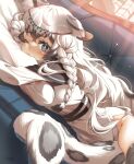  1girl absurdres animal_ears arknights between_legs braid breasts couch dress grey_eyes grey_hair highres large_breasts leopard_ears long_hair lying object_hug on_couch one_eye_closed pillow pillow_hug pramanix_(arknights) sallyzaemon signature tail tail_between_legs thighhighs white_dress 