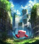  1other absurdres blue_eyes blue_sky building cloud day grass highres kirby kirby_(series) kirby_and_the_forgotten_land moss no_humans other_focus outdoors overgrown ruins running shiburingaru sky solo waddle_dee 