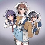  3girls ahoge black_hair blue_sailor_collar braid brown_hair chougei_(kancolle) grey_background hair_flaps hair_ornament hair_over_shoulder highres japanese_clothes jingei_(kancolle) kantai_collection kirisawa_juuzou long_hair long_sleeves looking_at_viewer low_twintails multiple_girls neckerchief perfume purple_hair red_eyes sailor_collar school_uniform serafuku short_hair taigei_(kancolle) thighhighs twintails white_legwear 