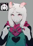  1boy animal_ears bishounen blush commentary deltarune eyelashes eyewear_removed fangs furry furry_male goat_boy goat_ears goat_horns heart heart_print holding holding_eyewear horns open_mouth pink_scarf ralsei round_eyewear scarf smile solo toboki_05 white_fur 