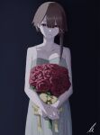  1girl asymmetrical_hair bangs blood blood_on_clothes blood_on_face bouquet bow brown_eyes brown_hair commentary cowboy_shot dark_background dress flower hair_between_eyes hair_ornament hairclip highres holding holding_bouquet iwakura_lain kei-sssk looking_at_viewer parted_lips red_flower red_rose rose serial_experiments_lain short_hair simple_background single_sidelock sleeveless solo spaghetti_strap white_dress x_hair_ornament yellow_bow 