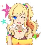  1girl :d artist_name bangs bare_shoulders blonde_hair blue_eyes bracelet breasts character_name cleavage collarbone commentary_request eyebrows_visible_through_hair hand_up idolmaster idolmaster_cinderella_girls jewelry large_breasts looking_at_viewer necklace ohtsuki_yui one_eye_closed open_mouth ponytail short_sleeves simple_background smile solo star_(symbol) upper_body w white_background yurippe_(filledelis) 
